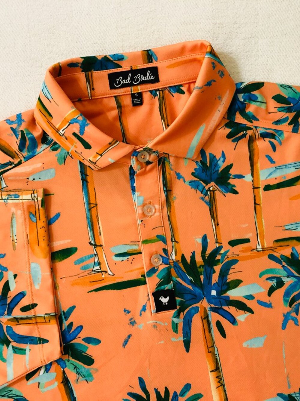Bad Birdie Men's Size Small Performance Orange Tropical Golf Polo Shirt